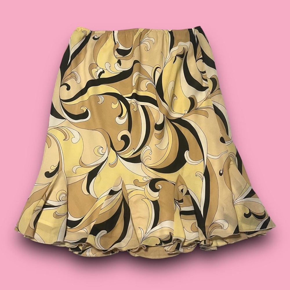 Y2K Groovy Print Midi Skirt Size 14 Boho Hippie Butter Yellow